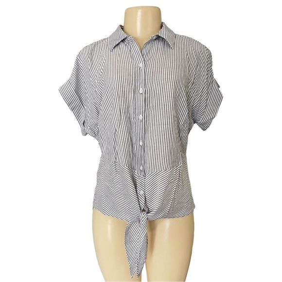 NWOT Jones New York Signature Striped‎ Button Down Tie Waist Short Sleeve Blouse - Picture 1 of 9